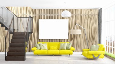 Boş çerçeve ile modern parlak iç. 3D render