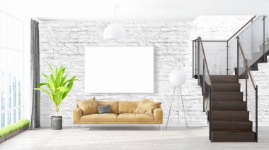 Boş çerçeve ile modern parlak iç. 3D render