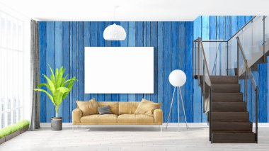 Boş çerçeve ile modern parlak iç. 3D render