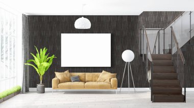 Boş çerçeve ile modern parlak iç. 3D render