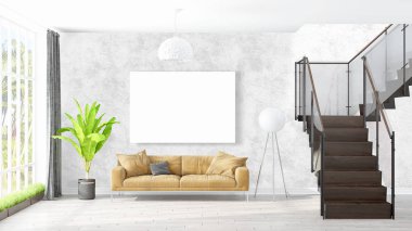 Boş çerçeve ile modern parlak iç. 3D render