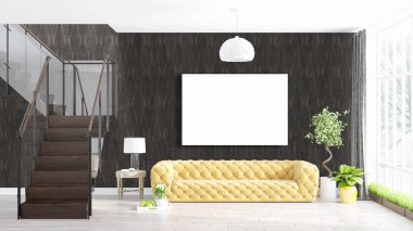 Boş çerçeve ile modern parlak iç. 3D render
