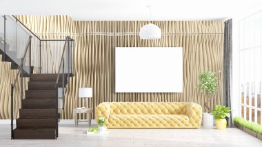 Boş çerçeve ile modern parlak iç. 3D render