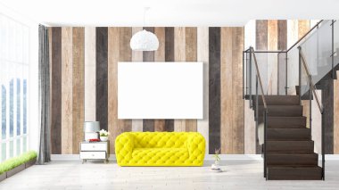 Boş çerçeve ile modern parlak iç. 3D render