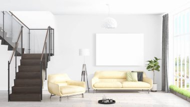 Boş çerçeve ile modern parlak iç. 3D render
