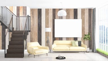 Boş çerçeve ile modern parlak iç. 3D render