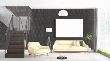 Boş çerçeve ile modern parlak iç. 3D render