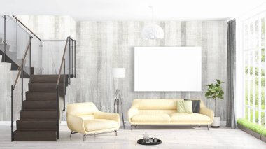 Boş çerçeve ile modern parlak iç. 3D render