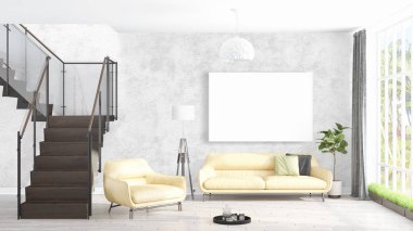 Boş çerçeve ile modern parlak iç. 3D render