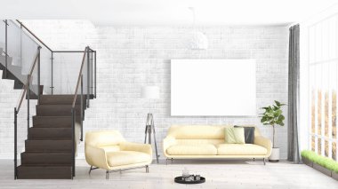 Boş çerçeve ile modern parlak iç. 3D render