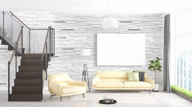 Boş çerçeve ile modern parlak iç. 3D render