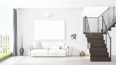 Boş çerçeve ile modern parlak iç. 3D render