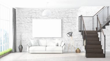 Boş çerçeve ile modern parlak iç. 3D render