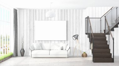 Boş çerçeve ile modern parlak iç. 3D render