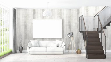 Boş çerçeve ile modern parlak iç. 3D render