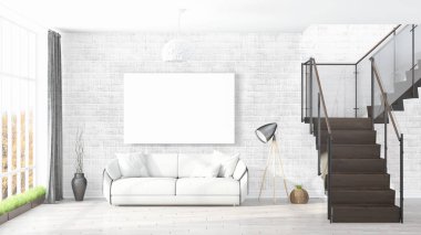 Boş çerçeve ile modern parlak iç. 3D render