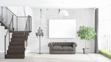 Boş çerçeve ile modern parlak iç. 3D render