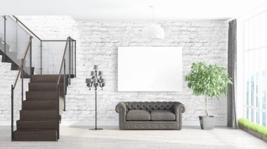 Boş çerçeve ile modern parlak iç. 3D render