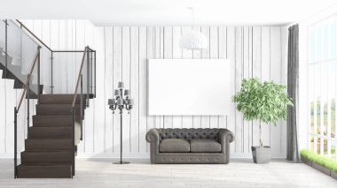 Boş çerçeve ile modern parlak iç. 3D render