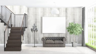 Boş çerçeve ile modern parlak iç. 3D render