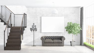 Boş çerçeve ile modern parlak iç. 3D render