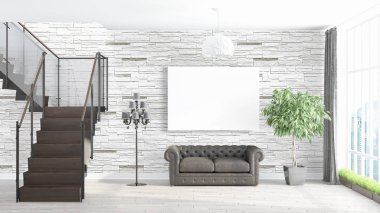 Boş çerçeve ile modern parlak iç. 3D render