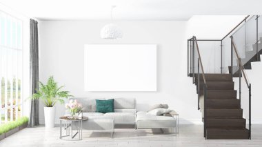 Boş çerçeve ile modern parlak iç. 3D render