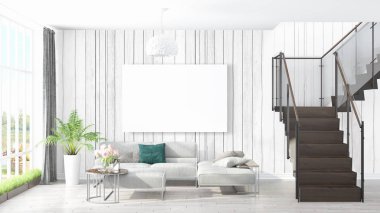 Boş çerçeve ile modern parlak iç. 3D render