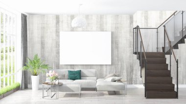 Boş çerçeve ile modern parlak iç. 3D render