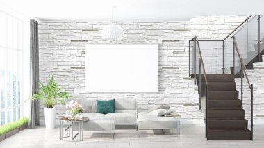 Boş çerçeve ile modern parlak iç. 3D render