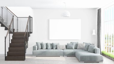 Boş çerçeve ile modern parlak iç. 3D render