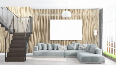 Boş çerçeve ile modern parlak iç. 3D render