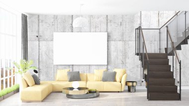 Boş çerçeve ile modern parlak iç. 3D render