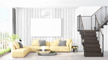 Boş çerçeve ile modern parlak iç. 3D render