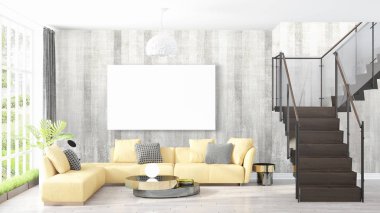 Boş çerçeve ile modern parlak iç. 3D render