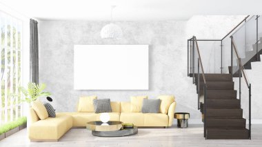 Boş çerçeve ile modern parlak iç. 3D render