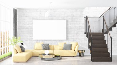 Boş çerçeve ile modern parlak iç. 3D render