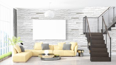 Boş çerçeve ile modern parlak iç. 3D render