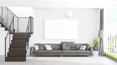 Boş çerçeve ile modern parlak iç. 3D render