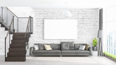 Boş çerçeve ile modern parlak iç. 3D render