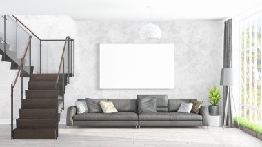 Boş çerçeve ile modern parlak iç. 3D render