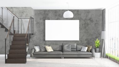 Boş çerçeve ile modern parlak iç. 3D render