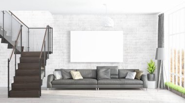 Boş çerçeve ile modern parlak iç. 3D render