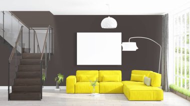 Boş çerçeve ile modern parlak iç. 3D render