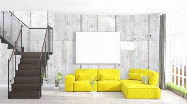 Boş çerçeve ile modern parlak iç. 3D render