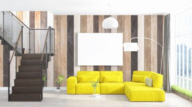 Boş çerçeve ile modern parlak iç. 3D render