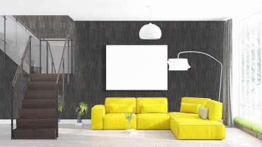 Boş çerçeve ile modern parlak iç. 3D render
