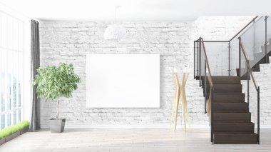 Boş çerçeve ile modern parlak iç. 3D render