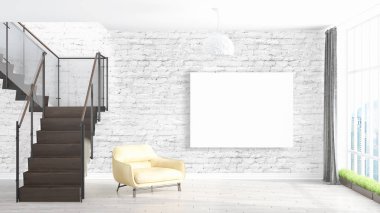 Boş çerçeve ile modern parlak iç. 3D render
