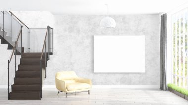 Boş çerçeve ile modern parlak iç. 3D render